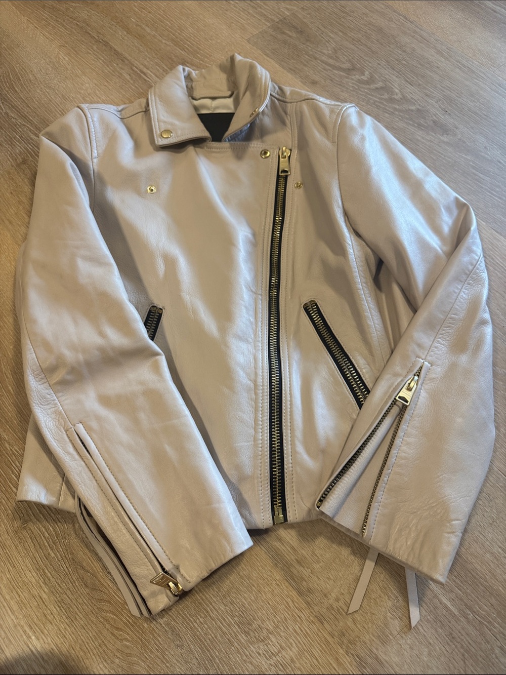 AllSaints Pale Pink/Beige Leather Moto Jacket with Gold Hardware